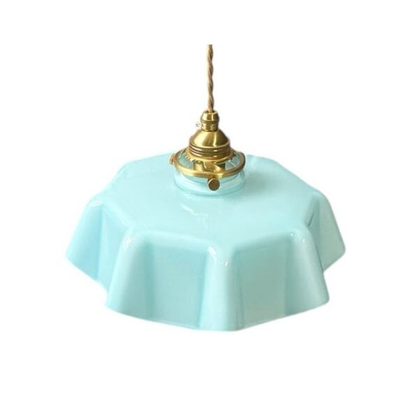 Retro Milk Glass Ceiling Pendant Light Draped Flower Gold Cord Blue Shade - Picture 3 of 11